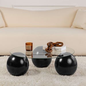 Table basse ronde en verre – 3 pieds boules noirs KOCHI